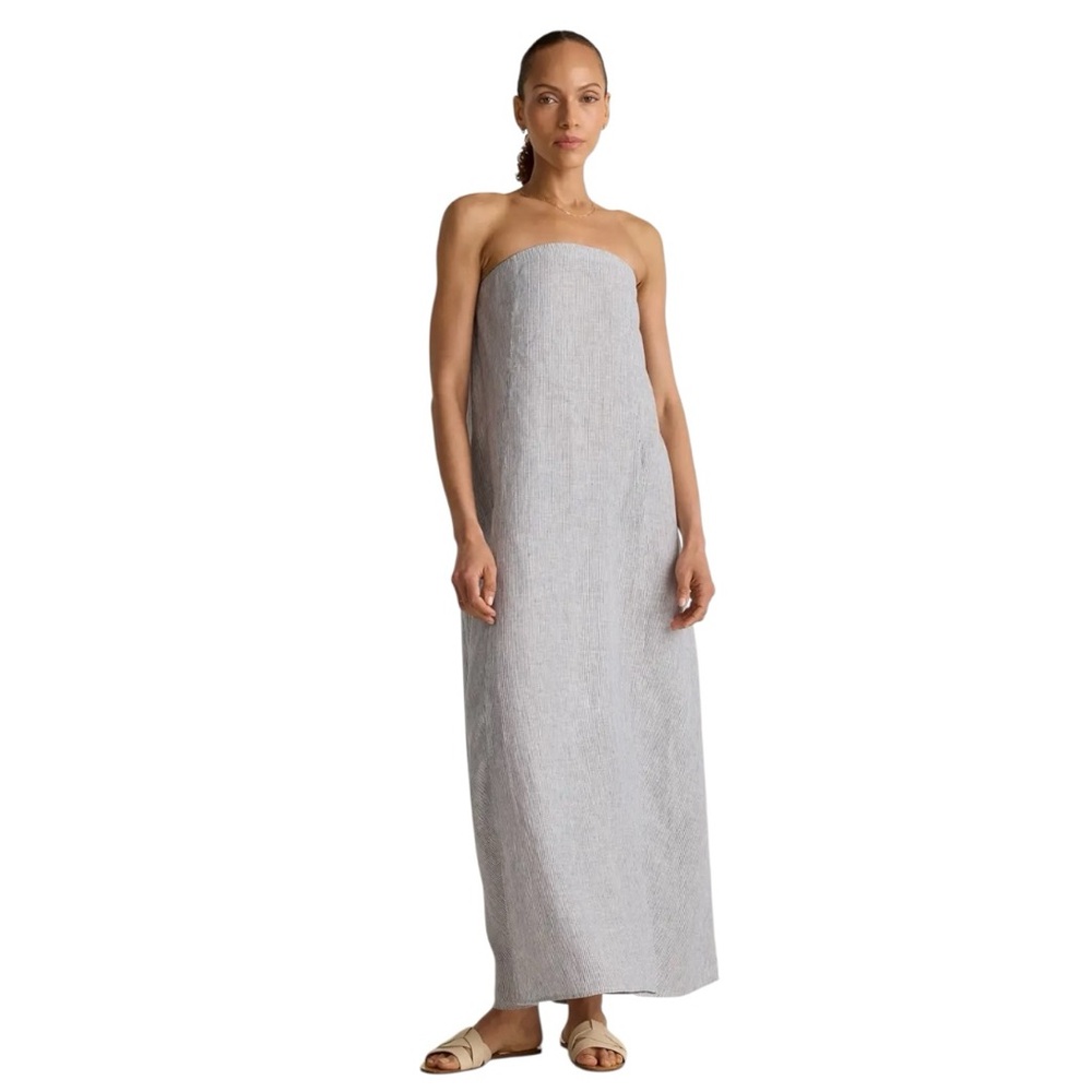 Quince 100% European Linen Strapless Maxi Dress in Blue Pinstripe 🔵⚪️ Size Large - Picture 2 of 10